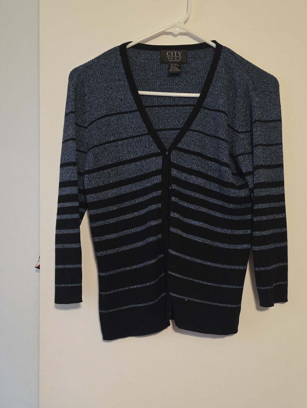 City Studio Women's Navy and Black Striped V-Neck Cardigan